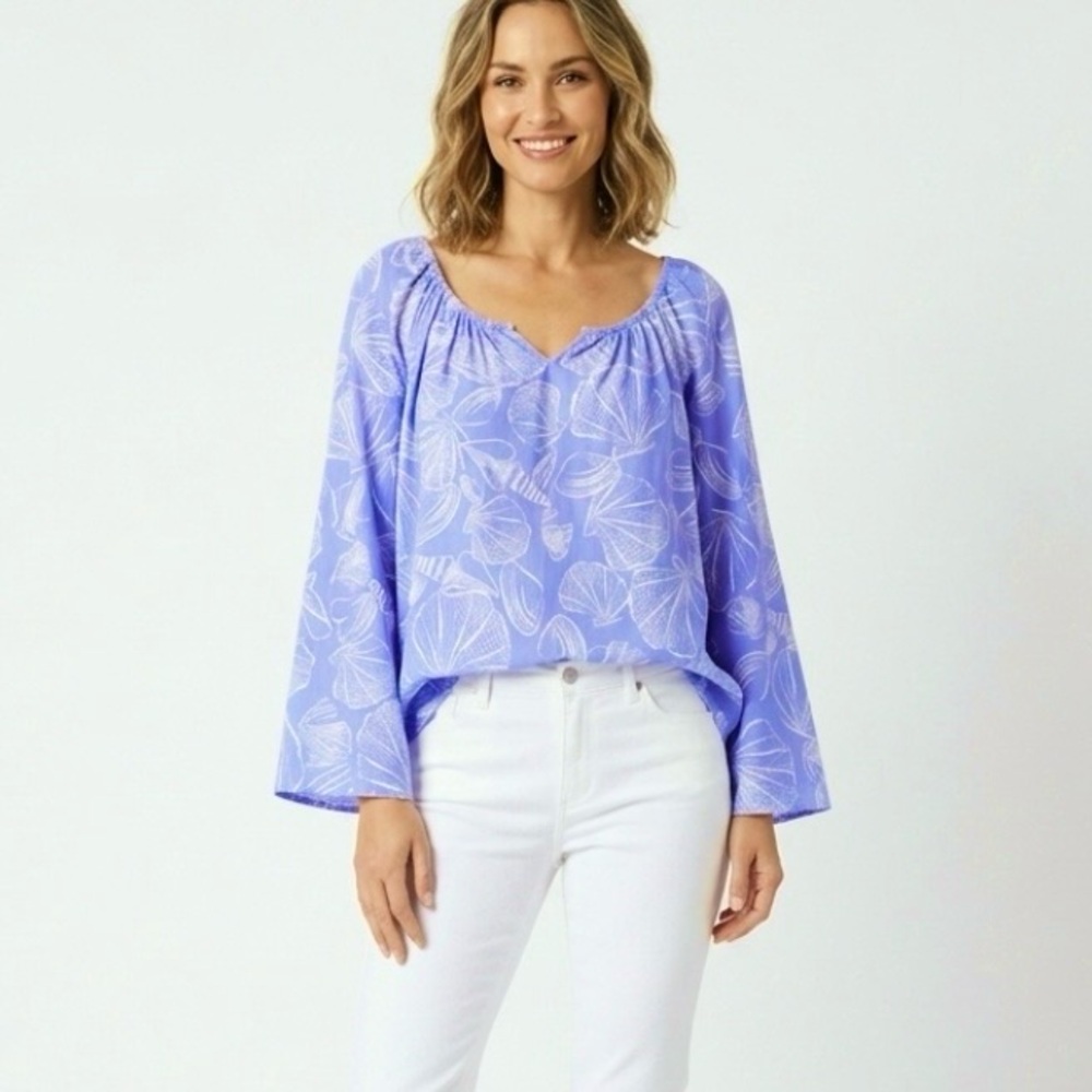 Fresh Produce Purple Seashell Print Long Sleeve Cotton Top Blouse 10 Cottagecore